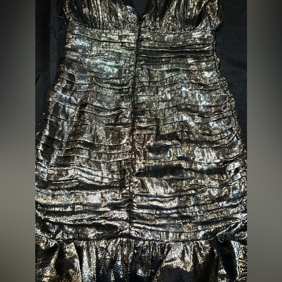 Metallic Silk V-Neck Ruched Ruffle Mini Dress - Picture 12 of 14